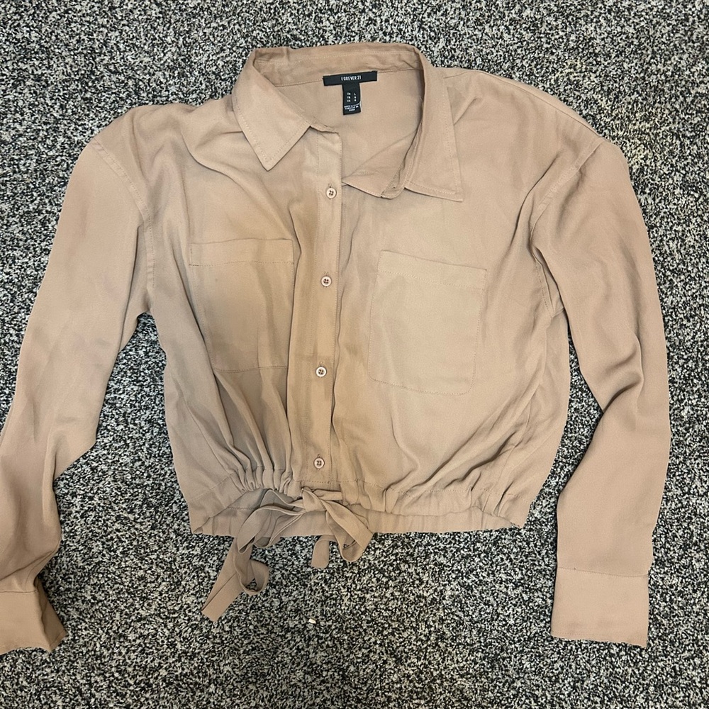 Forever 21 Tan Long Sleeve Crop Button Down Shirt
